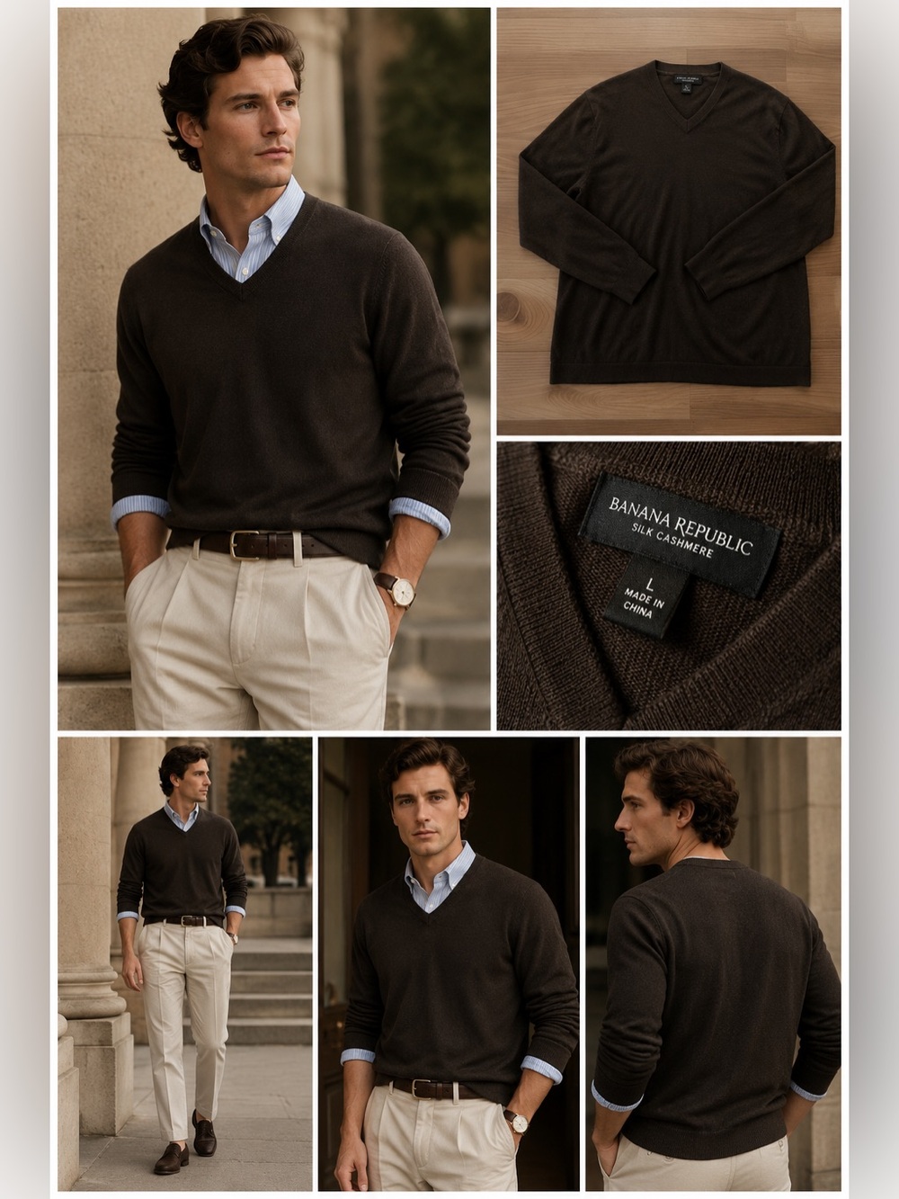 Banana Republic Men’s Brown Silk Cashmere V Neck Light Sweater L Old Money Luxe
